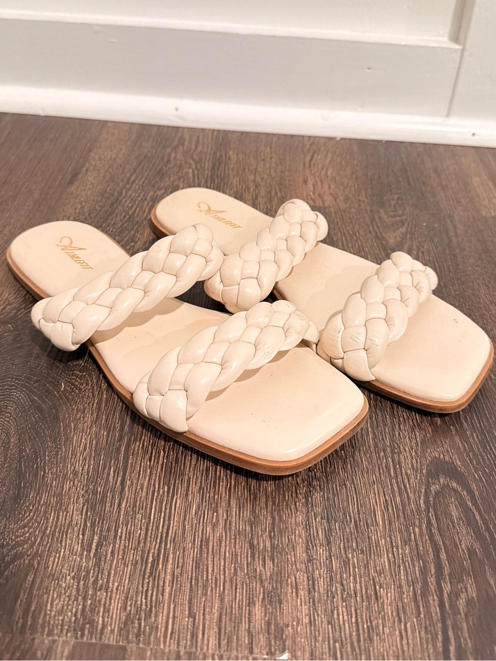 Braided Double-Strap Cream Slide Mules